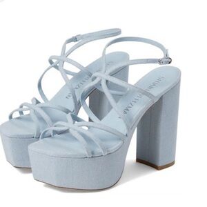 Stuart Weitzman 140mm denim strappy platform sandals wedding club stripper 10.5